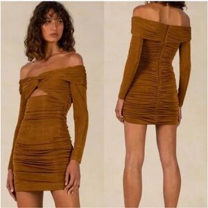 MISHA COLLECTION Off-Shoulder Tan Dress